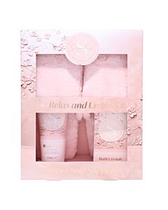 The Kind Edit Co. Signature Relax & Unwind Gift Set 150ml Body Wash + 100ml Bath Crystals + Slippers | Maznun Fashion