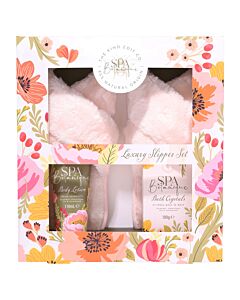 The Kind Edit Co. Spa Botanique Luxury Slipper Set Gift Set 1x Pair Of Slippers + 110ml Body Lotion + 100g Bath Crystals | Maznun Fashion