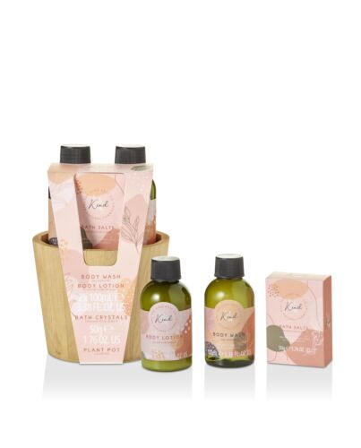The Kind Edit Co. Kind Pamper Plant Pot Gift Set 100ml Body Wash + 100ml Body Lotion + 50g Bath Crystals + Wooden Plant Pot-J255981